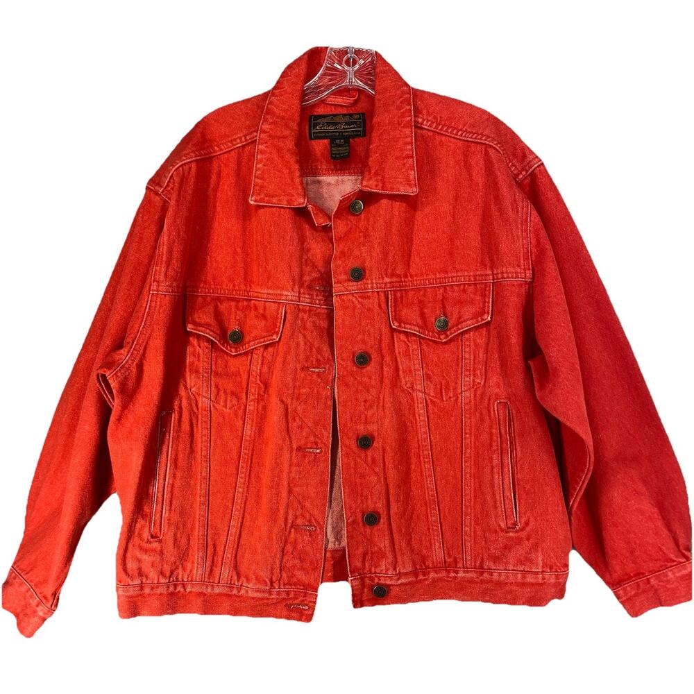 ❤️ Eddie Bauer Womens M Petite Red Denim Trucker Jacket Vintage Seattle ❤️